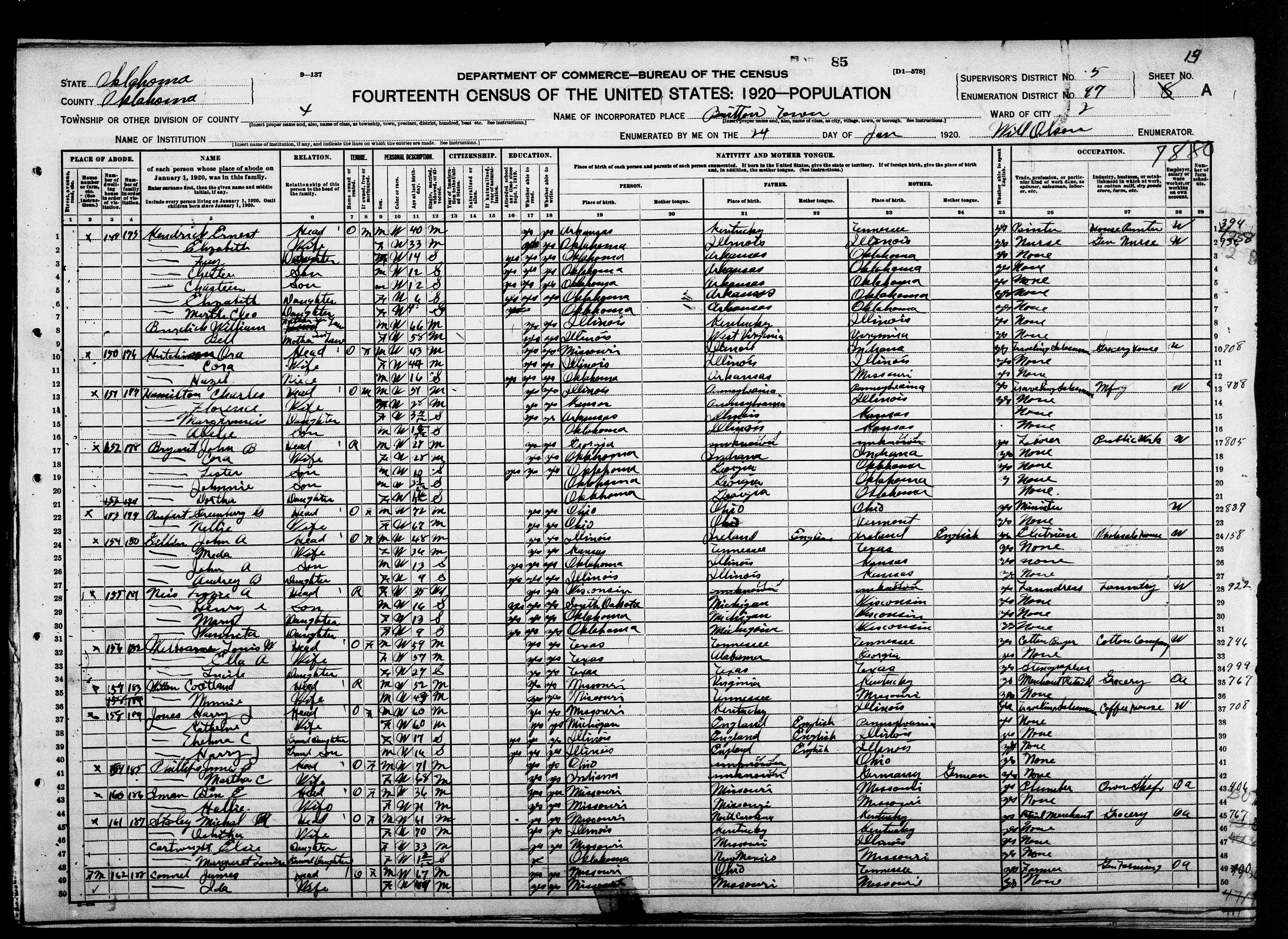 Greenberry G. Rupert, 1920 Oklahoma, Oklahoma, Census Line 22